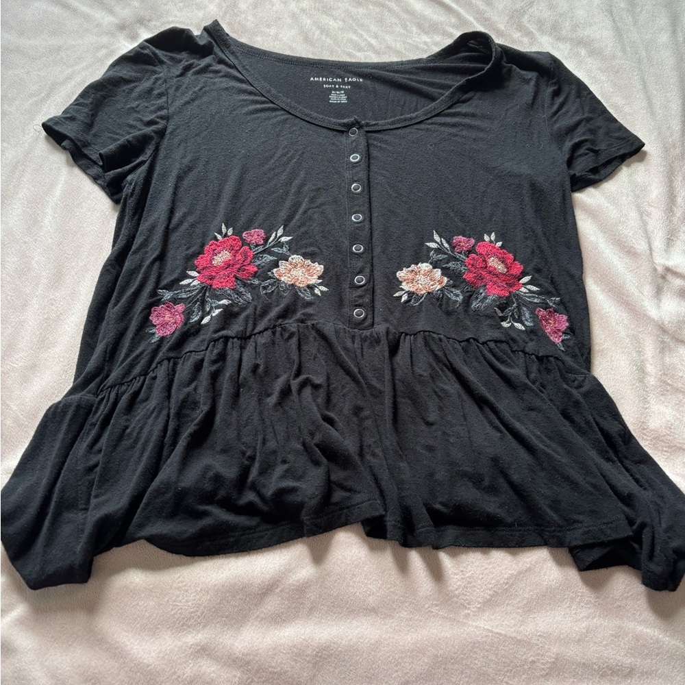 American Eagle Outfitters Black Peplum Blouse with Pink Embellishments